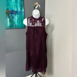 Women’s Small Burgundy Lace Dress Cocktail Wedding High Neckline Coquette Dainty